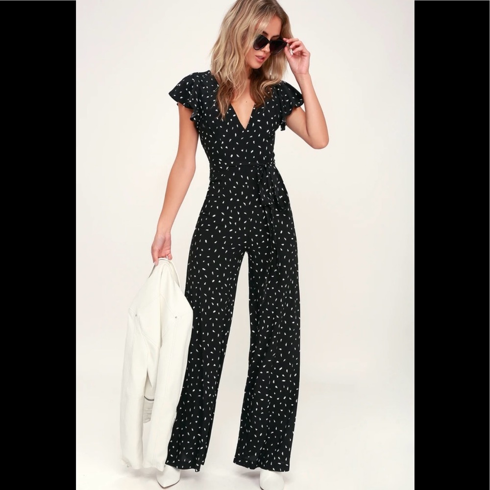 Fine Print Black and White Print Backless Jumpsuit
